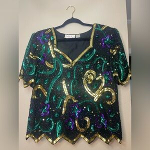 Vintage Lawrence Kazar Silk Beaded Mardi Gras Top Large 21” PTP